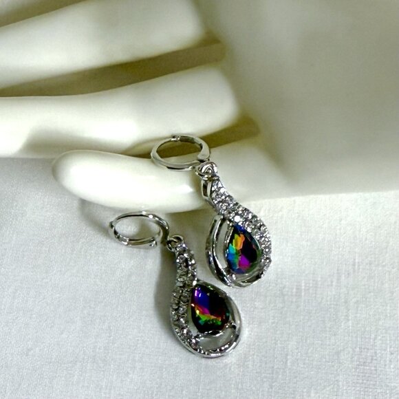 Rainbow Teardrop Crystal & Rhinestone Silver Tone Drop Earrings - Picture 2 of 9